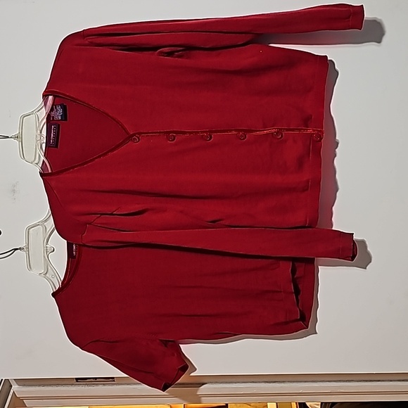 Liz Claiborne Red Twin Set Sz M 100 percent Cotton Christmas Holiday Velvet trim - Picture 1 of 5